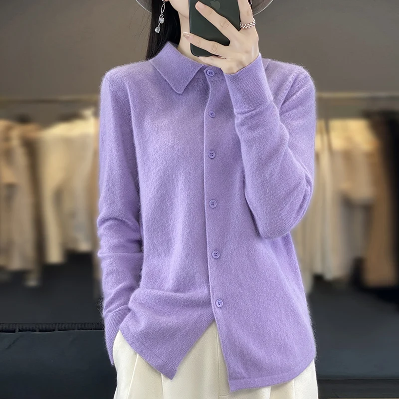 100% Mink Cashmere POLO Collar Women\'s Sweater Cardigan Solid Color Thick warm Cardigan Sweater For Women 2023 Autumn/Winter New