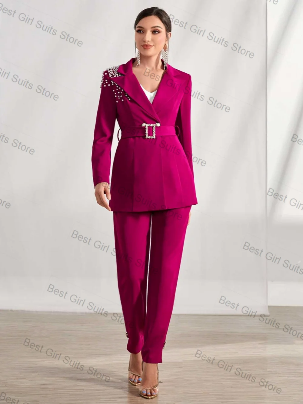

Luxury Pearls Women Suit Pants Set 2 Pcs Blazer+Trousers Belt Formal Office Lady Jacket Customized Wedding Tuxedo Prom Coat