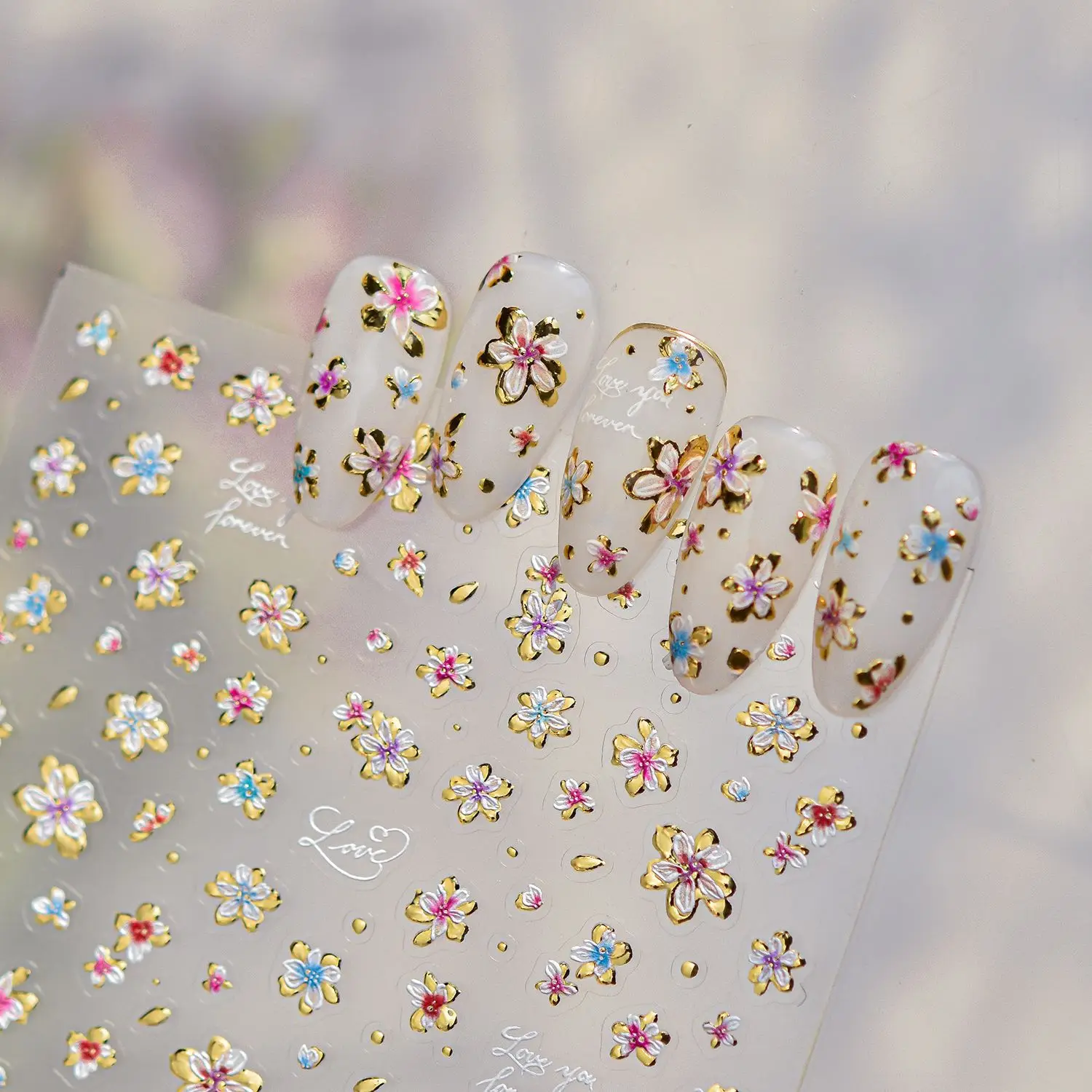 Mini Rosa-Blau Farbverlauf Blumen 5D Nagelkunst-Aufkleber Floraler Goldrahmen Herz-Punkte Zarte Selbstklebende Nagelkunst-Dekoration Maniküre