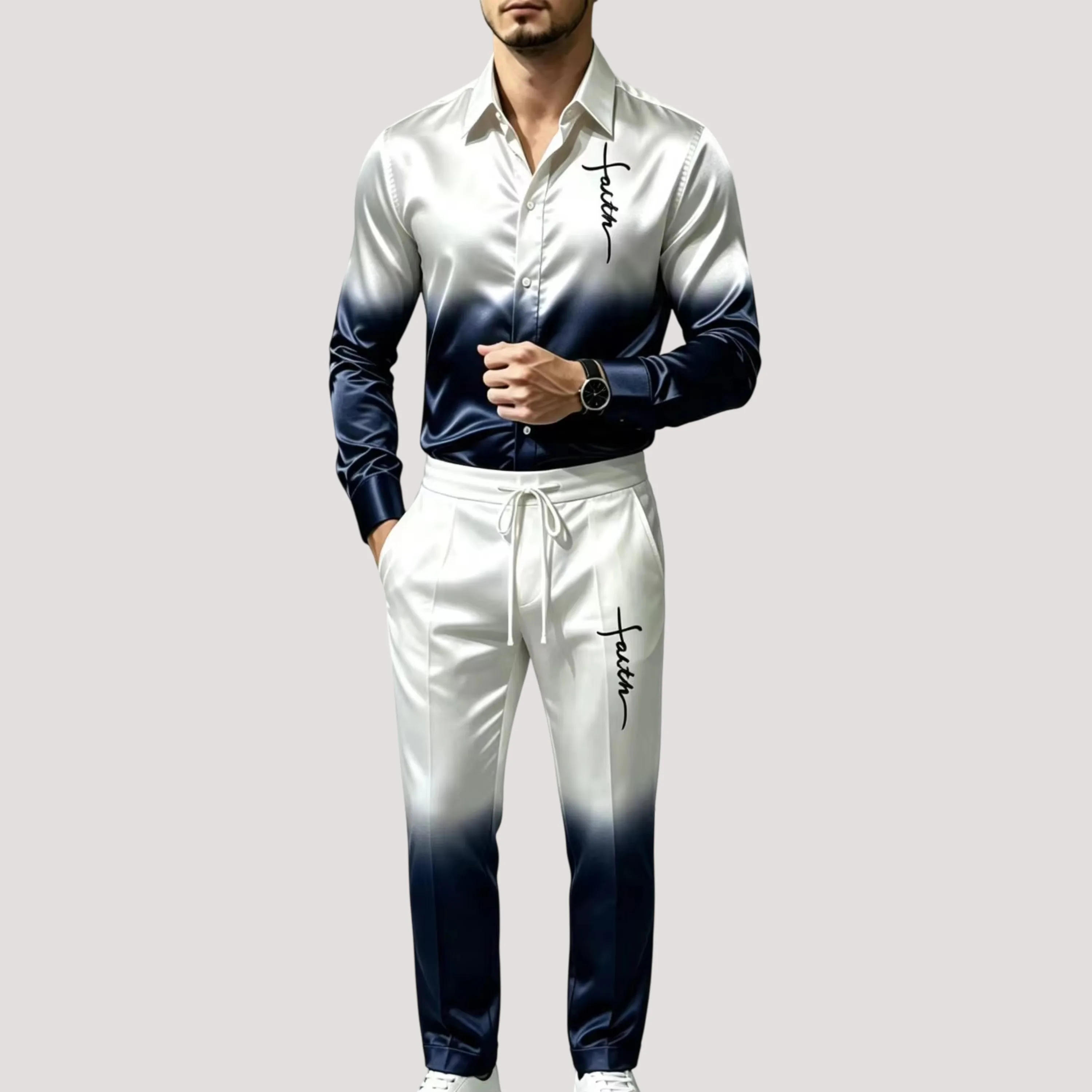 Men's Satin Silk Sports Suit Two-Piece Set Gradient Long-Sleeved Shirt Letter Printed Casual Fashion Streetwear