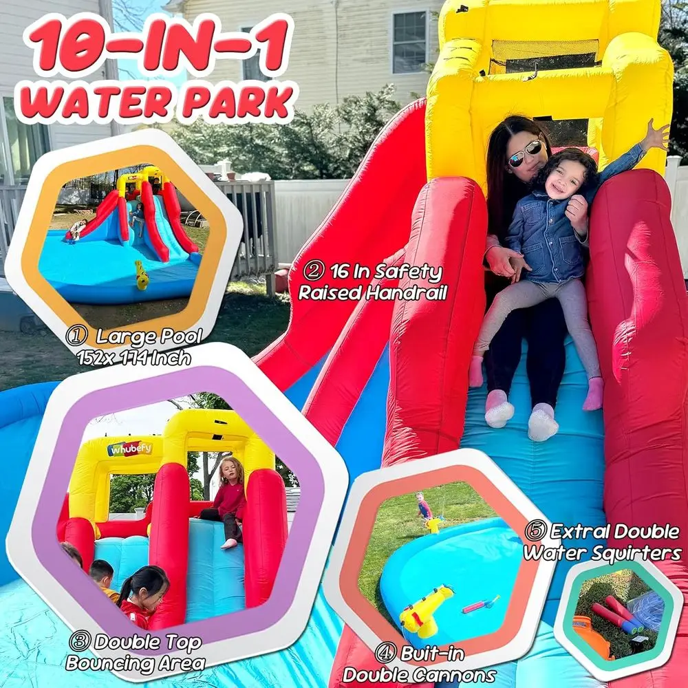 Nadmuchiwana zjeżdżalnia wodna dla dzieci na podwórko, park wodny 12w1 z dmuchawą 520W, ścianą do wspinaczki, basenem do zabawy i 2 pistoletami na wodę.