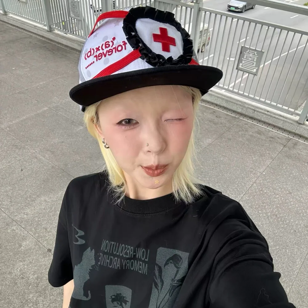 Y2K Goth Nurse Heart Flat Brim Snapback Cap Star Polka Dot Print Ruffle Lace Adjustable Metal Buckle Harajuku Punk Street Hat