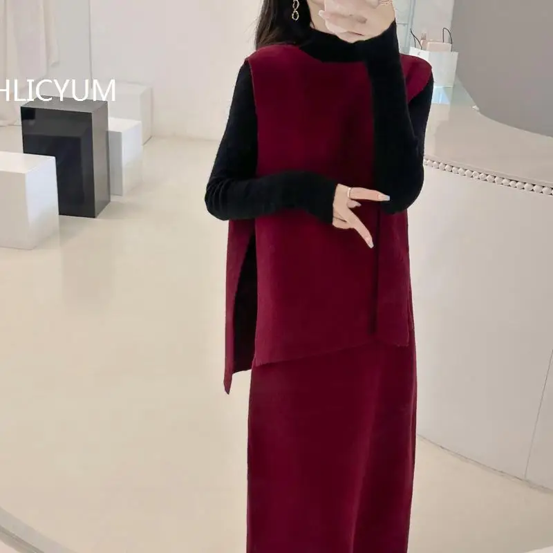 

Elegant Wool Knitting Two Pieces Sweater Skirts Sets Gray O-Neck Pullover Tops Mermaid Skirts Office Lady Suits Christmas Gift