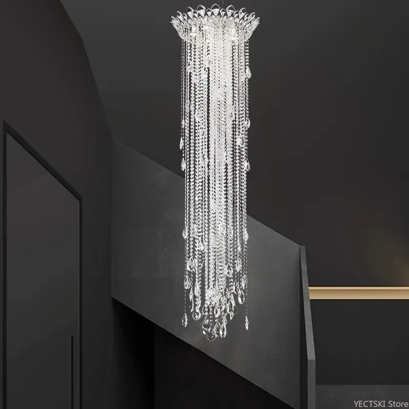 GHJUYIOL Simple and luxurious long crystal chandelier, personalized living room staircase hallway light, luxurious duplex villa