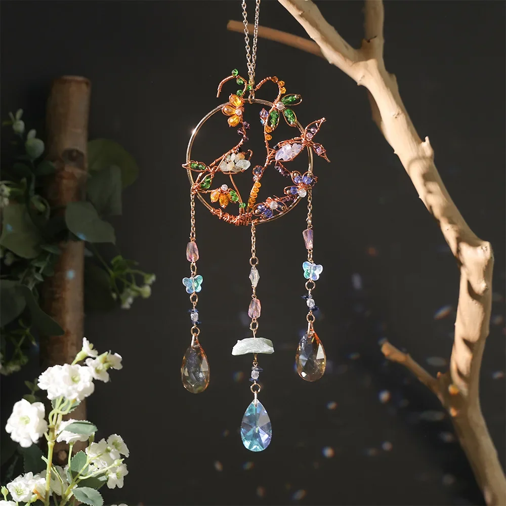 Golden Jade Double Fish Sun Catcher, Natural Crystal Wind Chime, Handcrafted Feng Shui Ornament, Prosperity & Harmony Mobile