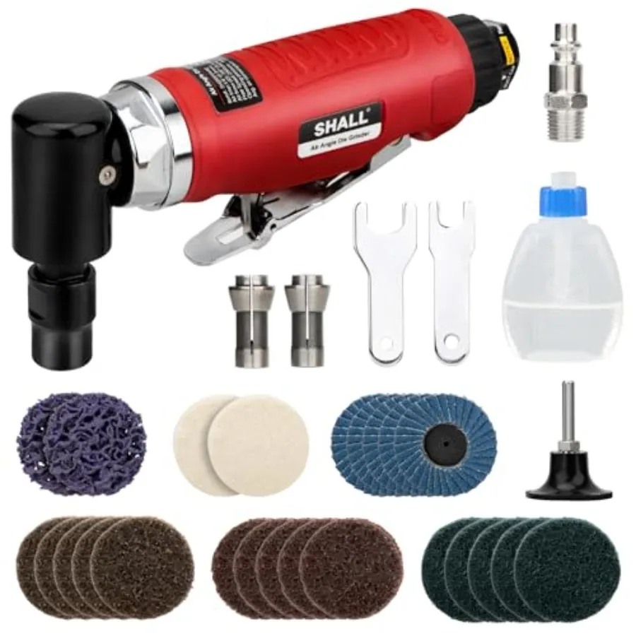 

Right Angle Die Grinder 90 Degree 1/4" and 1/8" Collets 24PCS Sanding Discs Air Connector Lubricant and Chuck Key Included for