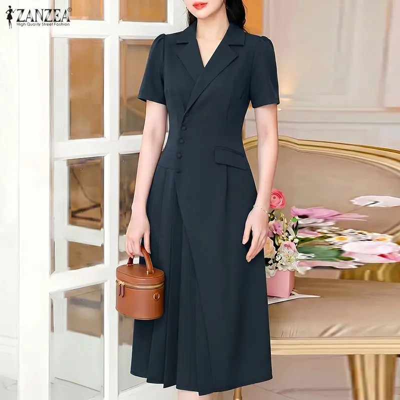 Büro-Damenkleider 2026 ZANZEA Stilvolles Revers-Kragen Kurzarm-Plissee-Sommerkleid mit Knopfleiste Midi-Robe Elegantes OL-Arbeitskleid