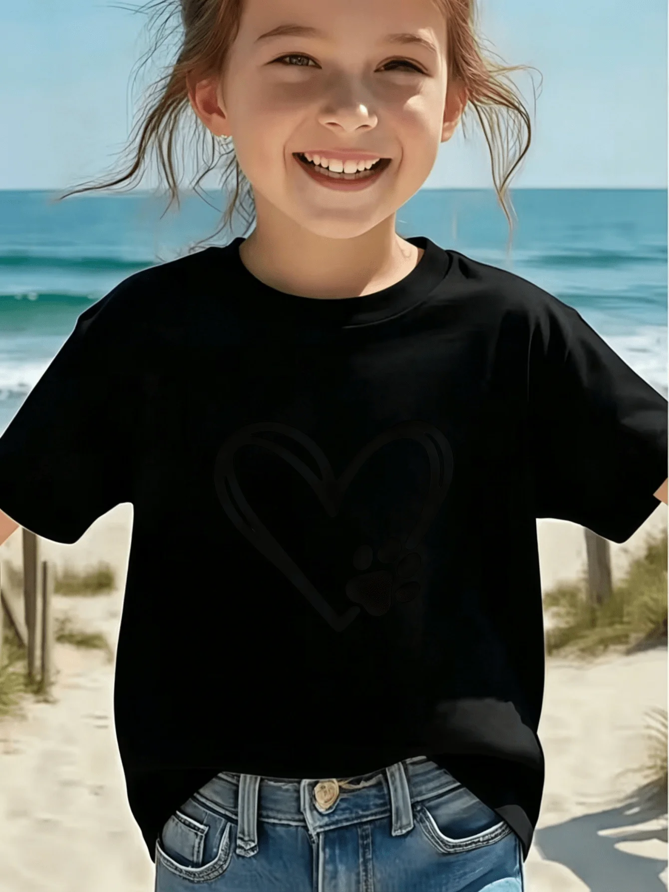 Heart And Pet Paw Print Graphic Kids T Shirt Boys Girls Short Sleeve Crew Neck Cotton Parent Matching Casual Tops Toddler Youth