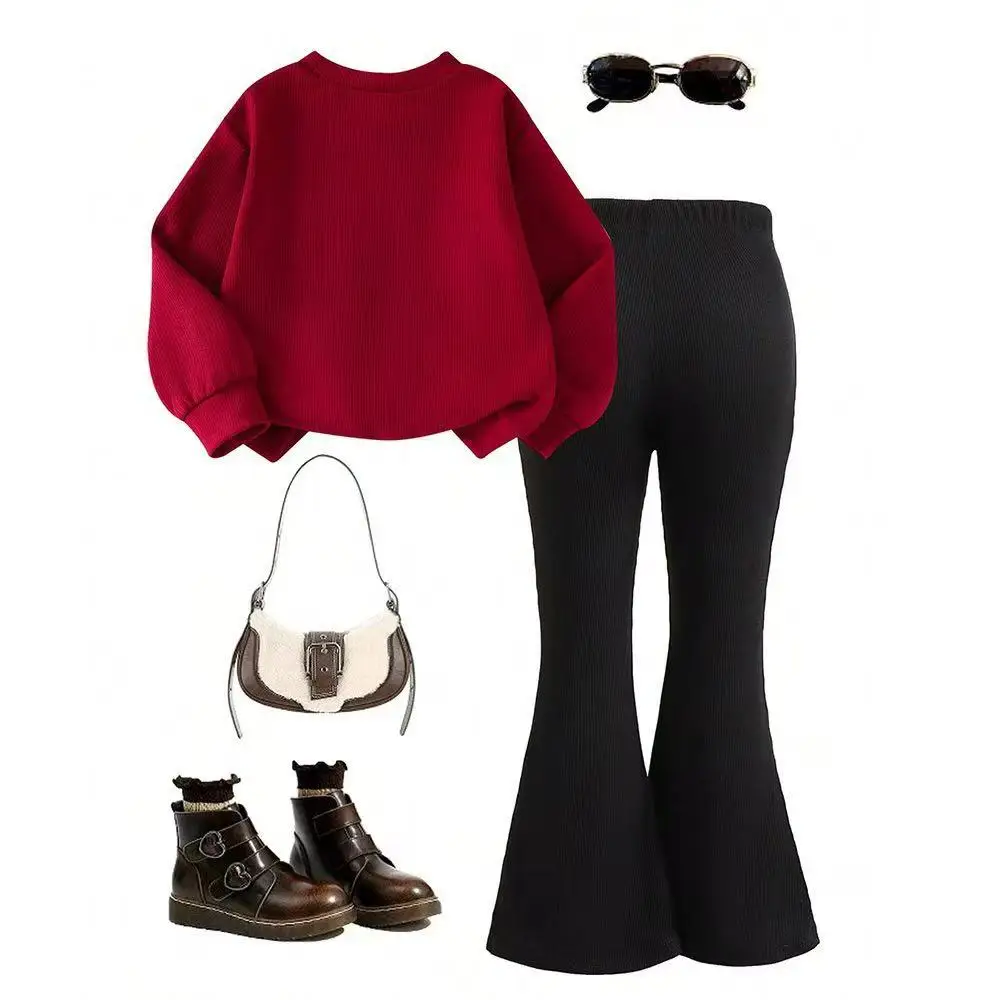 2026 New Fashion Kids 2Pcs Outfits Burgundy Bow Blouse + Black Flare Trousers Fall Winter Toddler Clothes for 4-7Y