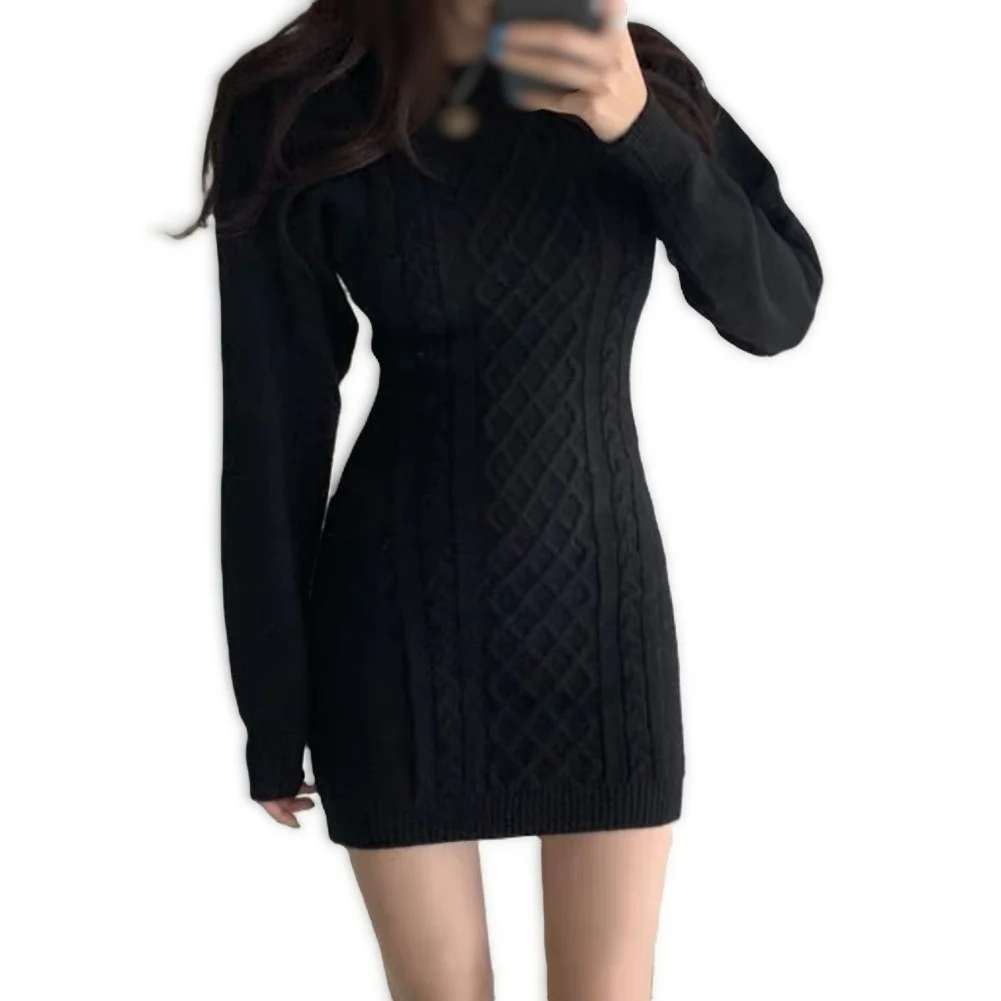 Womens Solid Color Diamond Pattern For Crew Neck Knit Dress Long Sleeve for Autumn Winter Vacation Beach Cycling Use