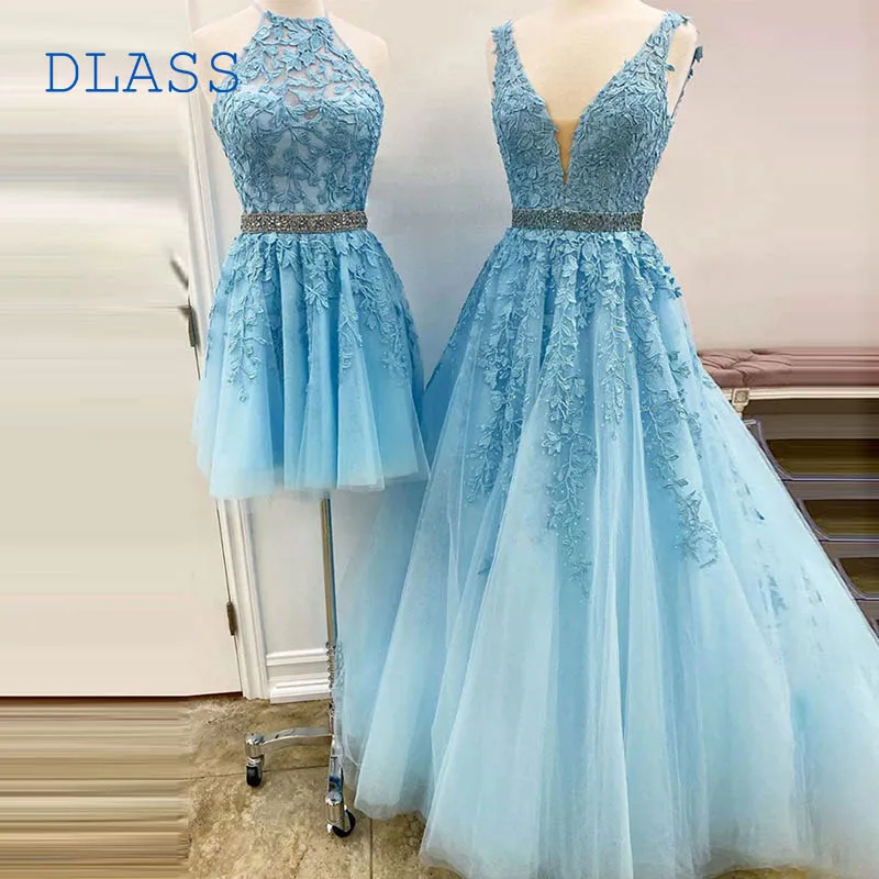 V-Neck Blue Tulle Lace Long Prom Dress A Line Spaghetti Strap Elegant Evening Gown with Appliques Crystal Mini Homecoming Dress