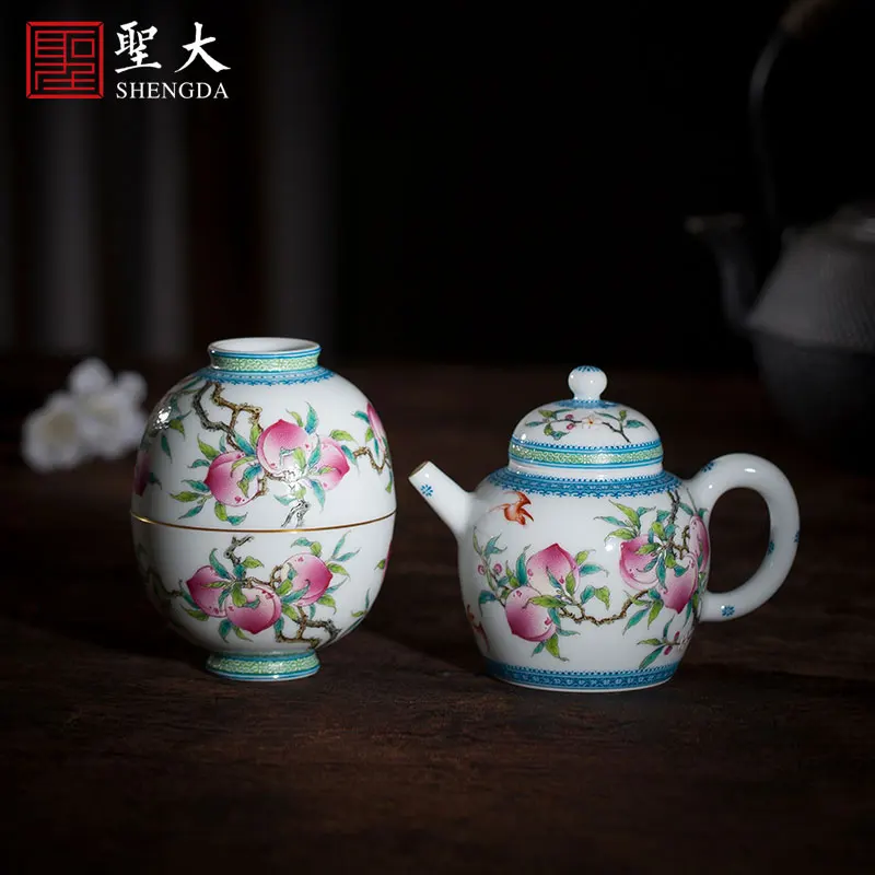 

|ceramic Kung Fu teacup Teapot Set pure hand-painted pastel longevity peach set set full hand-made Jingdezhen tea cup