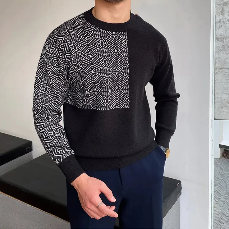 Smart Casual Autumn Winter Sweaters New Men O-Neck Jacquard Weave Warm Trend Fashion Slim Long Sleeve Pullovers Knitted Tops