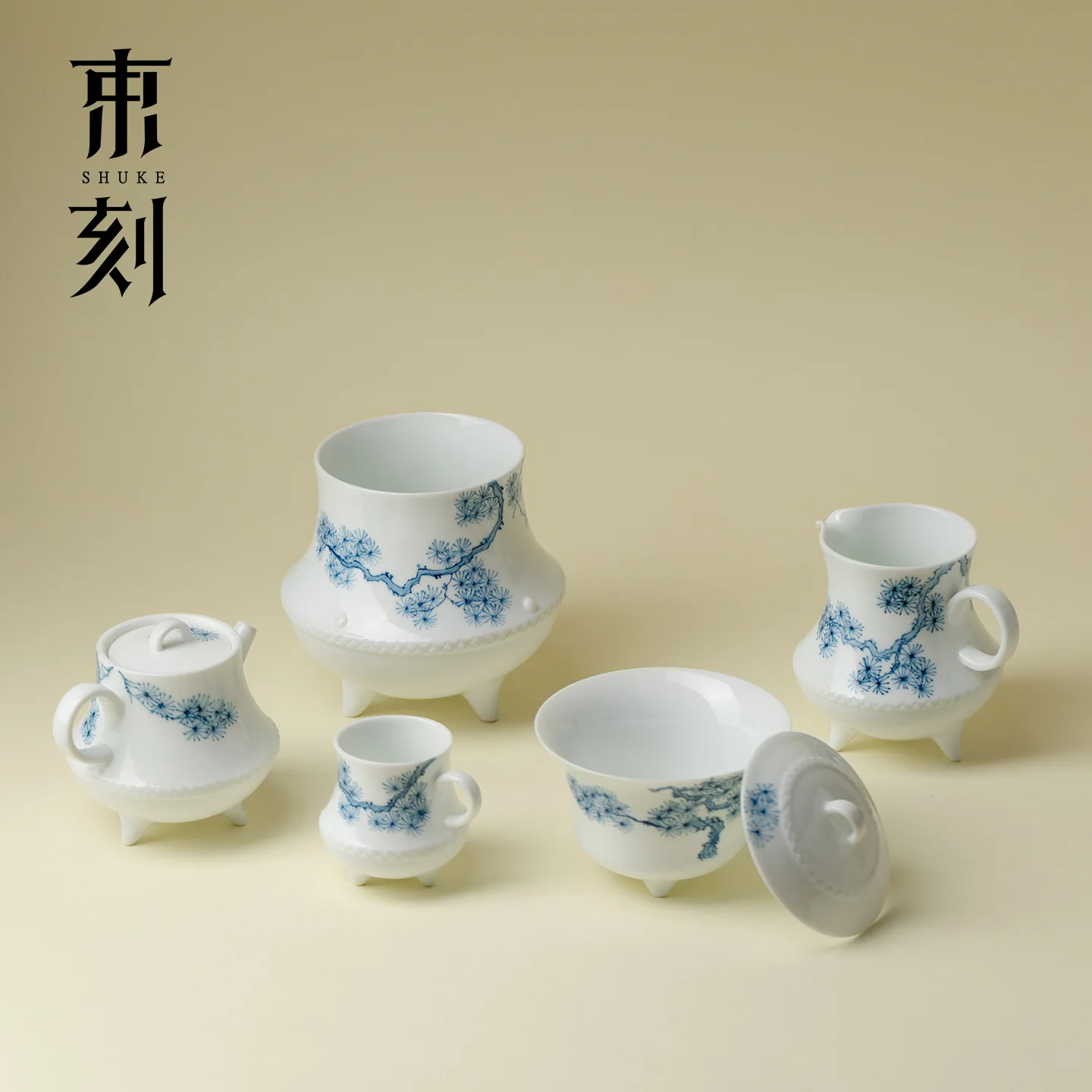 Shuke High-End Jade Clay White Porcelain Hand-Painted Pine Peak Gaiwan Teapot And Teacup Set Series High-Value Tea Ceremony