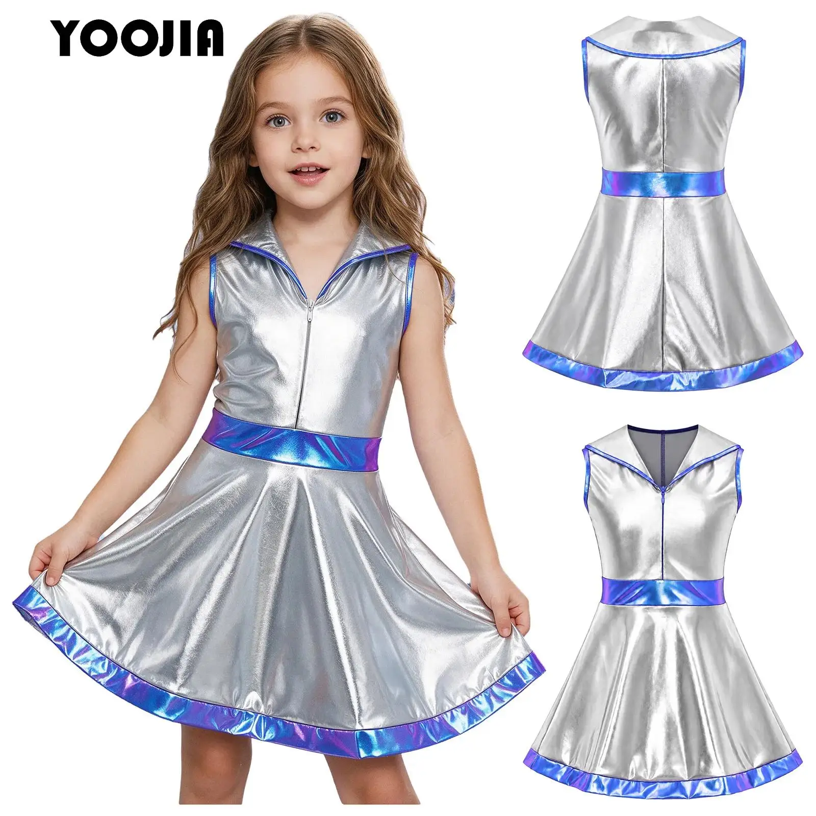 Kids Silver Astronaut Costume Girls Alien Tutu Dress Metallic Front Zipper Sleeveless A-line Dress Halloween Outerspace Party