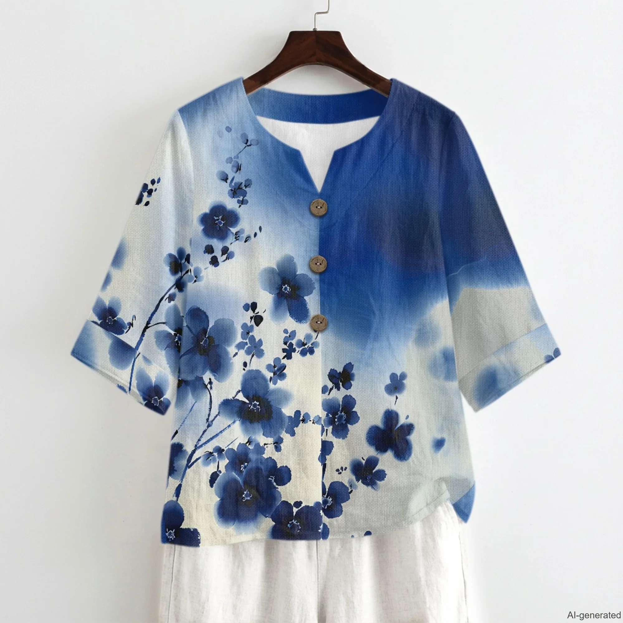 XIXIRIMIDO Women's Linen Sleeve V-Neck Short Sleeve Button Elegant Prints Tops Shirt Summer Ladies Casual Holiday Clothing