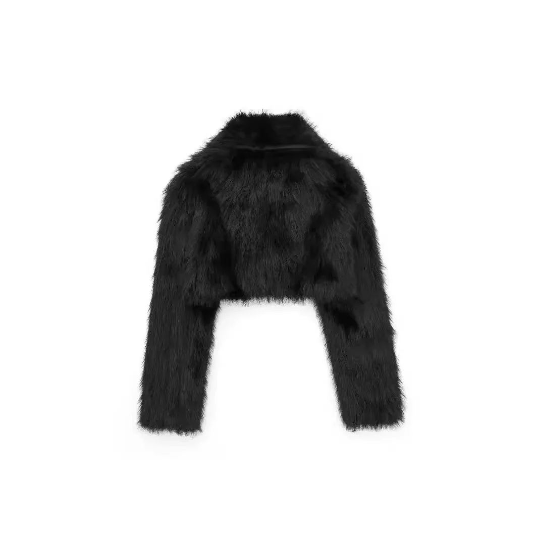 Gruby Zimowy Damski Płaszcz ze Sztucznego Futra z Kołnierzem Polo, Detalistycznie Wykończona Kurtka ze Sztucznego Futra dla Kobiet, Francuski Styl, Damski Płaszcz ze Sztucznego Futra