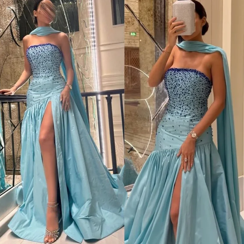 

AsaNagi Strapless Prom Dresses Women's Scarf Beaded Side Slit Party Evening Gowns Floor Length Train Saudi Special Occasion Gown