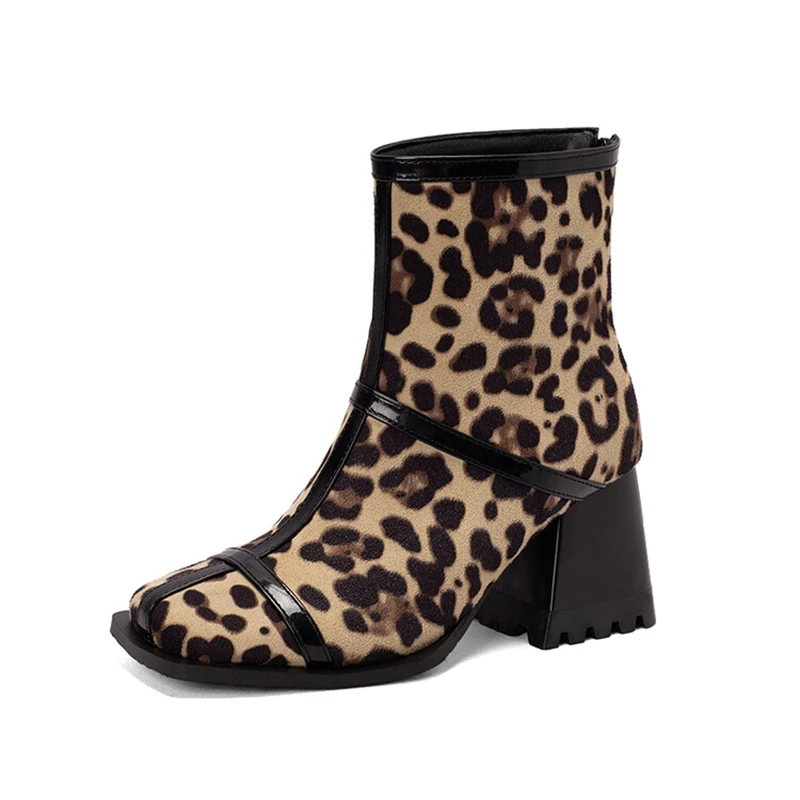 Winter Autumn Women Ankle Boots Leopard Print Black Yellow High Heels Lady Party Square Toe Zipper Short Boots Big Size 1003