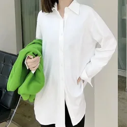 Thin Spring Summer Turn Down Collar White Straight Long Sleeve Long Shirt Single Breasted Loose Plush Thicken Female Simple 3XL