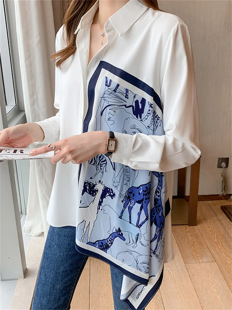 

Spring Autumn Asymmetric Animal Print Long Sve Loose Women's Chiffon irt Korean Sle Button Detail Casual Top