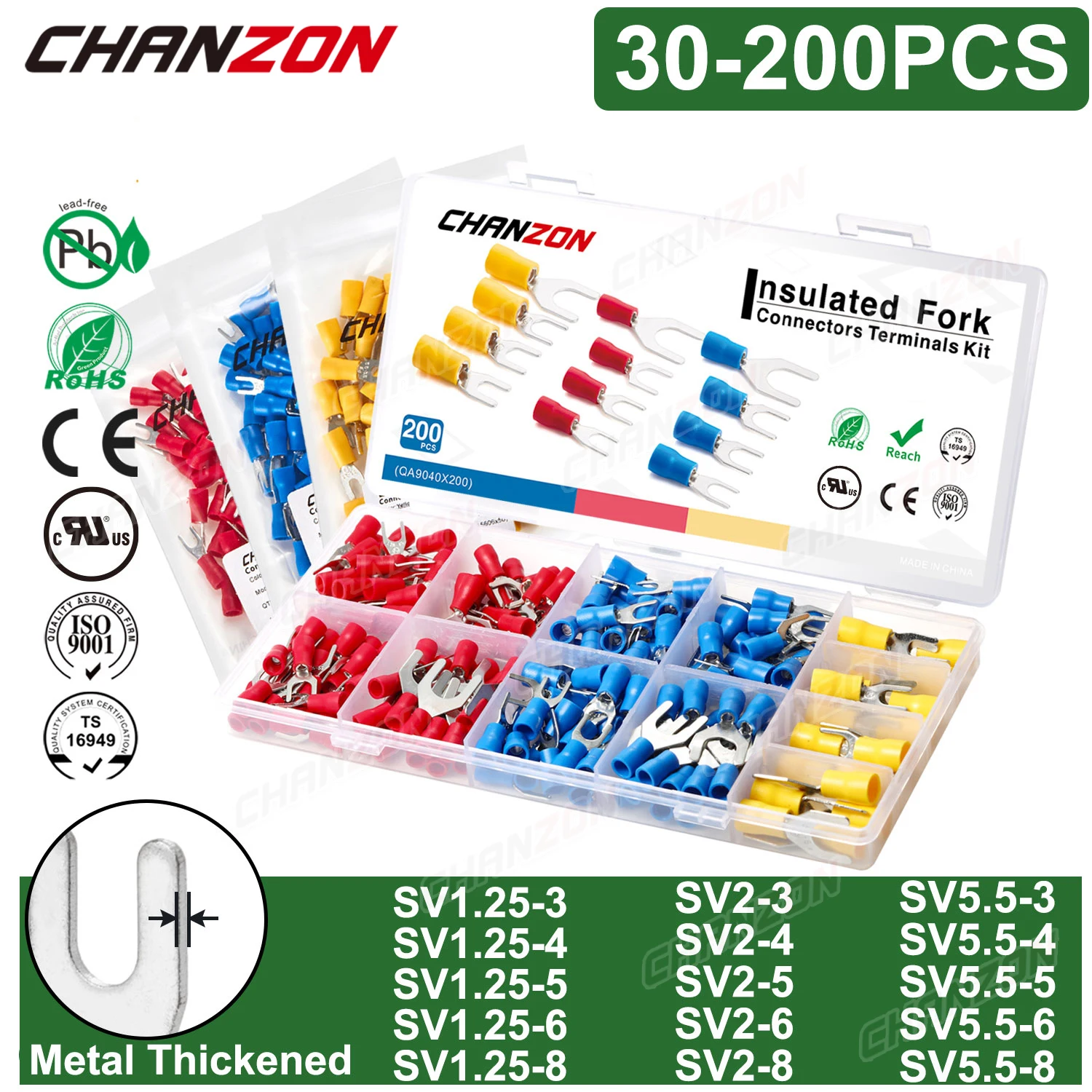 SV1.25 SV2 SV5.5 Insulated Electrical Fork Wire Connector Kit Copper Crimp Splice Wirefy Solderless Terminal 22-10AWG Assortment