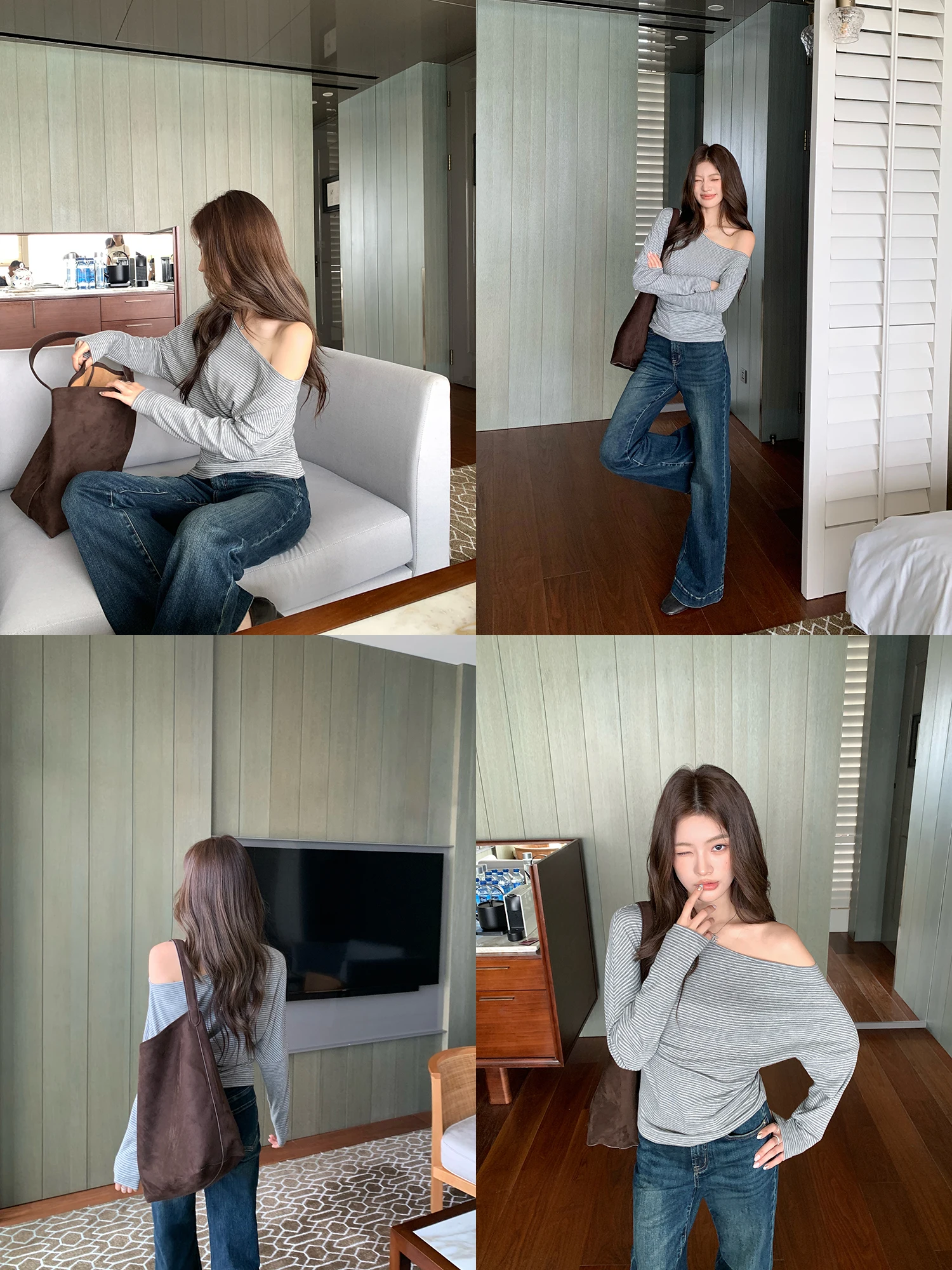 Pusumede Lazy Style Long Sleeve Shoulder Bared T Shirt Women's Design Sensation Standard Fit Daily Wear Viscose Blend Striped...