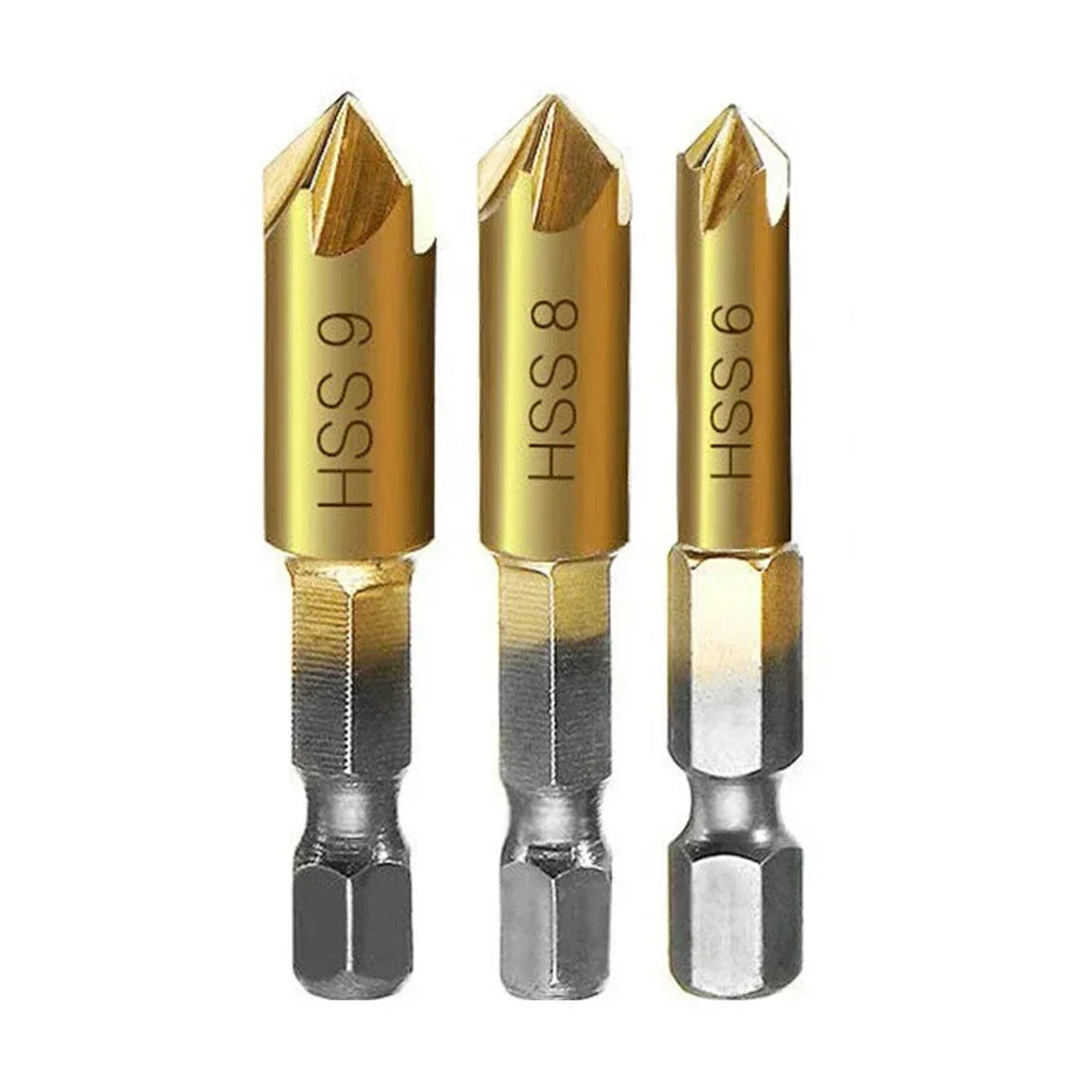 3pcs 1/4Inch Hex Shank 5 Flute 90 Degree Countersink Drill Bit High Carbon Steel Wood Chamfered Cutter Woodworking Tools