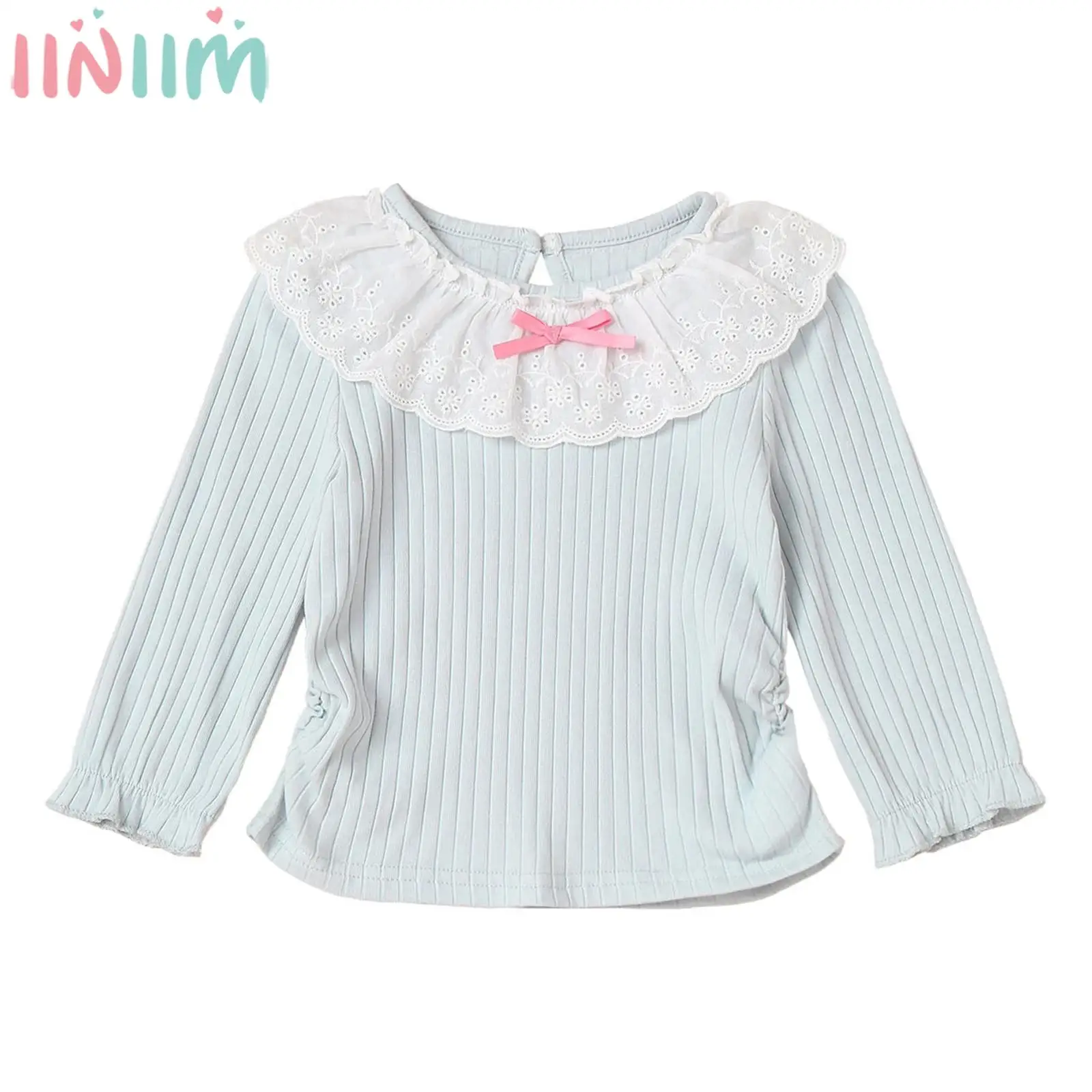 

Kids Girls Sweet Cute Casual T-Shirt Long Sleeve Lace Ruffle Collar Solid Color Ribbed Tee Top Spring Autumn Costume Daily Wear
