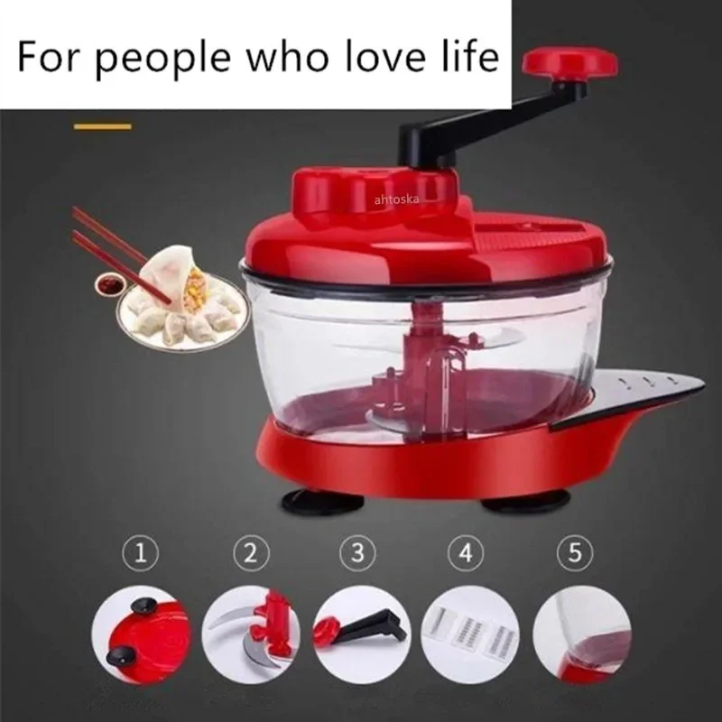 2L Kitchen Manual Food Processor Mixer Egg Blender Meat Grinder Vegetable Chopper Shredder Stainless Steel Blade Cutter