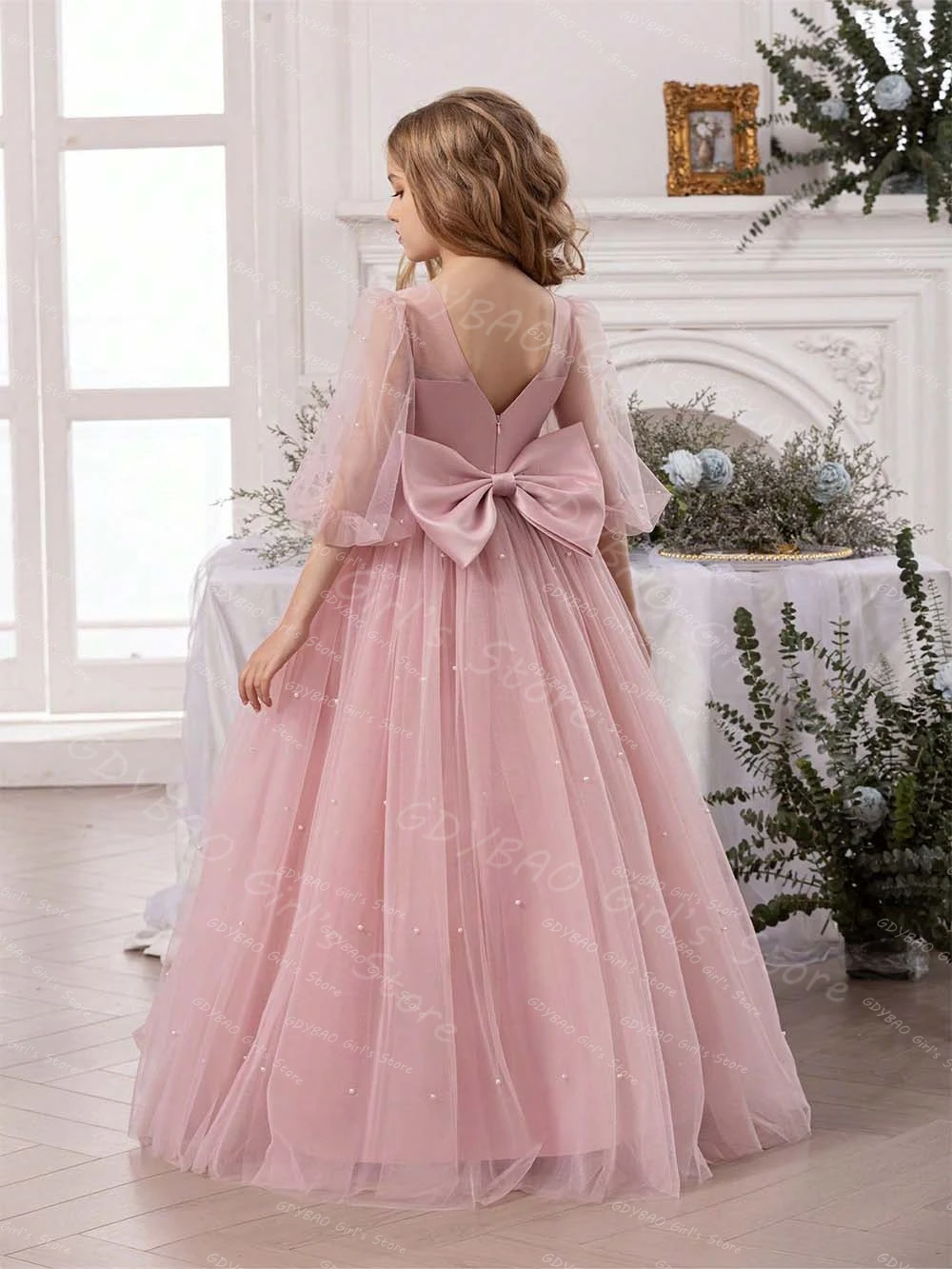 

Customized Flower Girl Dresses for Wedding Kids Balloon Sleeve Pageant Communion Dress Pleated Tulle Birthday Party Ball Gown