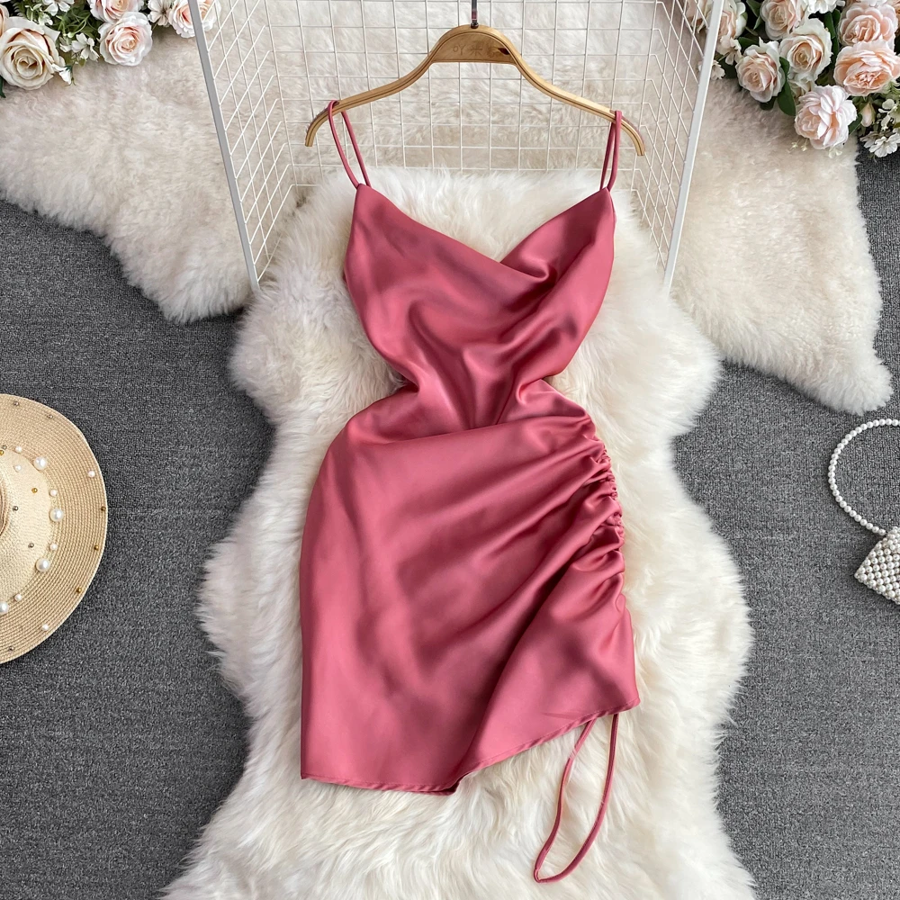 

Sexy ssTss Women Dress Summer Fashion Spaghetti Strap Satin Dress Swing Collar Sleeveless Drawstring Ruched A-line Mini Dress