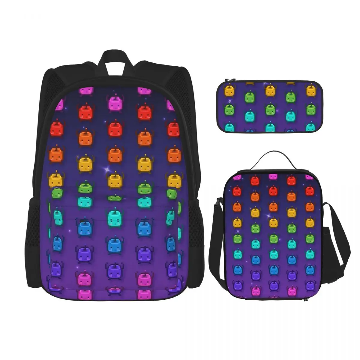 

Stardew Valley Rainbow Junimos Backpacks Bookbag Children School Bags Cartoon Kids Rucksack Lunch Bag Pen Bag Three-Piece Set