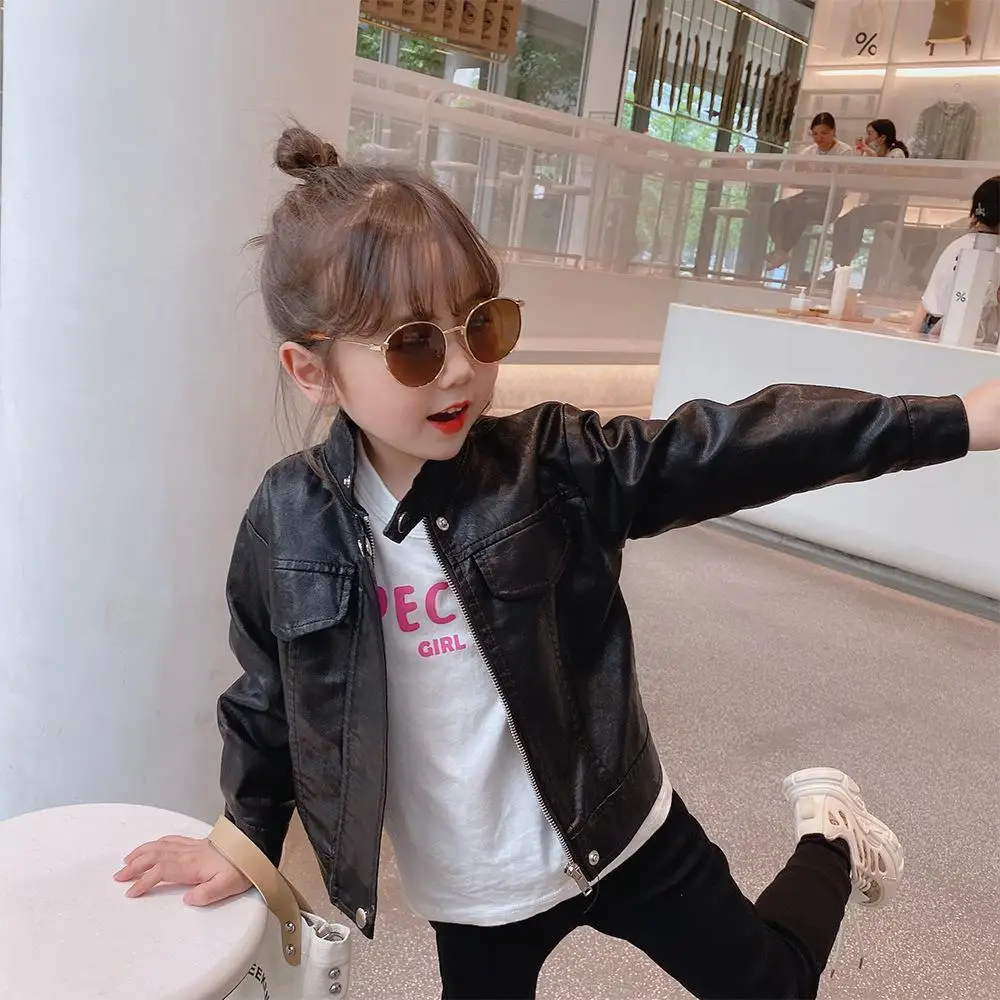 2024 Spring Girls Leather Jackets For 2-8 Years Children Classics Fly Coats Kids Clothing Baby Girls Fashion Pu Outerwear Jacket