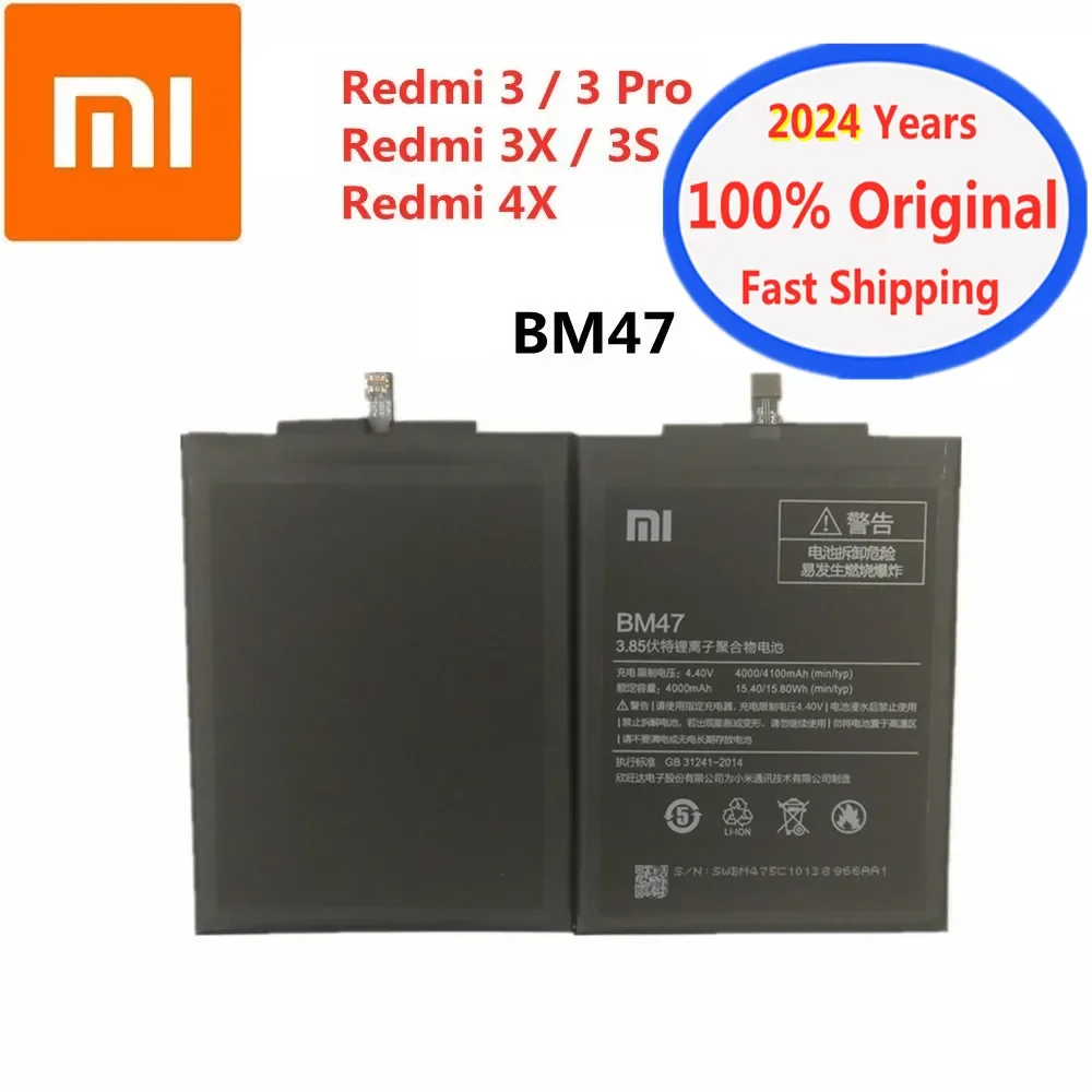 

2024 Years 100% Xiao mi Original Battery BM47 For Xiaomi Redmi 3 3S 3X 4X / 3 Pro 3Pro High Quality Phone Battery Bateria