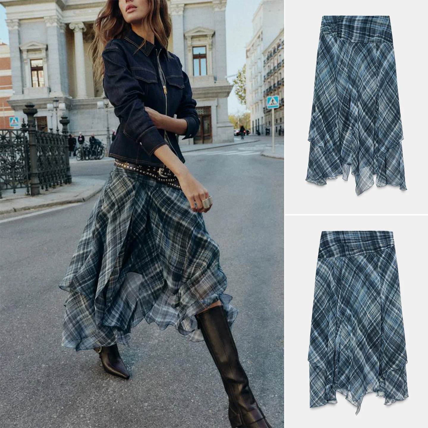 

Winter New High Waist Pleated Decorative Asymmetric Hem Plaid Midi Skirt Women's Casual Sle High Waist Polyester Fiber