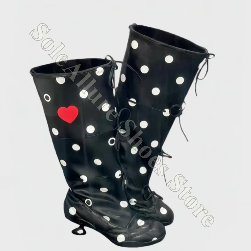 Polka Dot Heart Print Knee High Boots Lace Up Non Slip Comfortable Cushioned Supportive Lightweight Breathable Gothic Lolita
