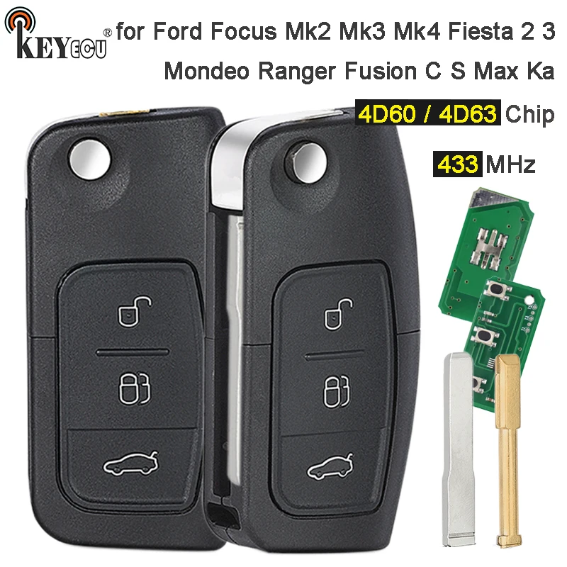 KEYECU 433MHz 4D60 / 4D63 Chip Flip Remote Key Fob for Ford Fusion Focus Mondeo Fiesta Galaxy HU101 FO21 Blade