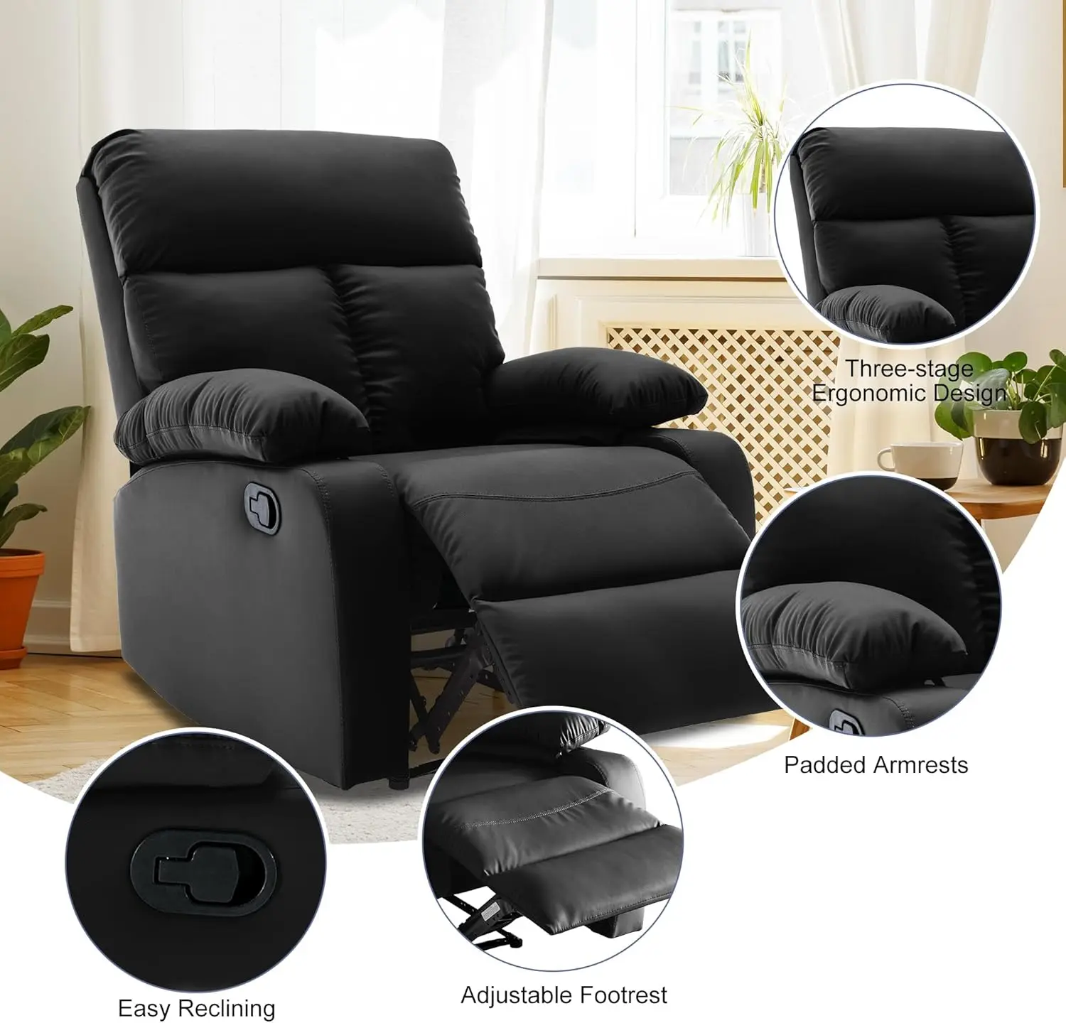 Fauteuil inclinable manuel pour adultes, cuir anti-rayures, petit canapé noir pour camping-car ou salon