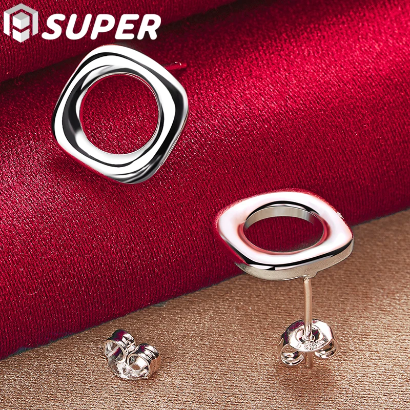 

925 Sterling Silver Square Round Stud Earrings For Woman Wedding Engagement Fashion Party Charm Jewelry