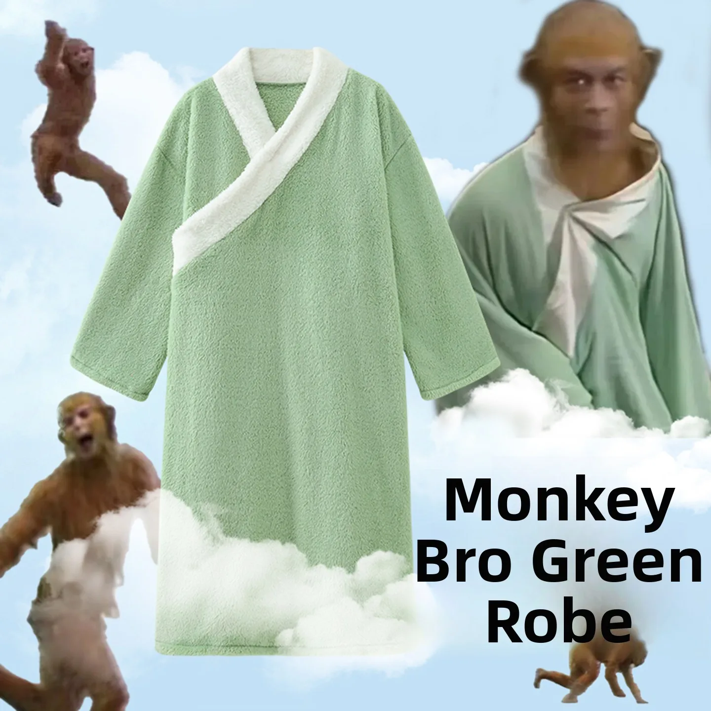 green-fluffy-padded-sleepwear-monkey-king-robe-coral-fleece-home-clothes-outerwear-autumn-winter-long-coat-for-men-and-women