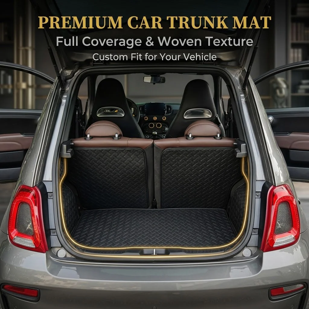 Perfect Fit 5Pcs Woven Leather Car Trunk Mats For Abarth 595 695 Fiat 500 Full Surround Boot Cargo Floor Cover