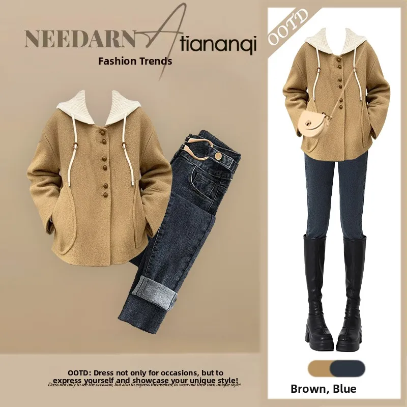 

Winter Knitted Hat Jacket Top And High Waist Jeans Slimming Two-Piece Set Casual American Style Women's Fashion Ensemble