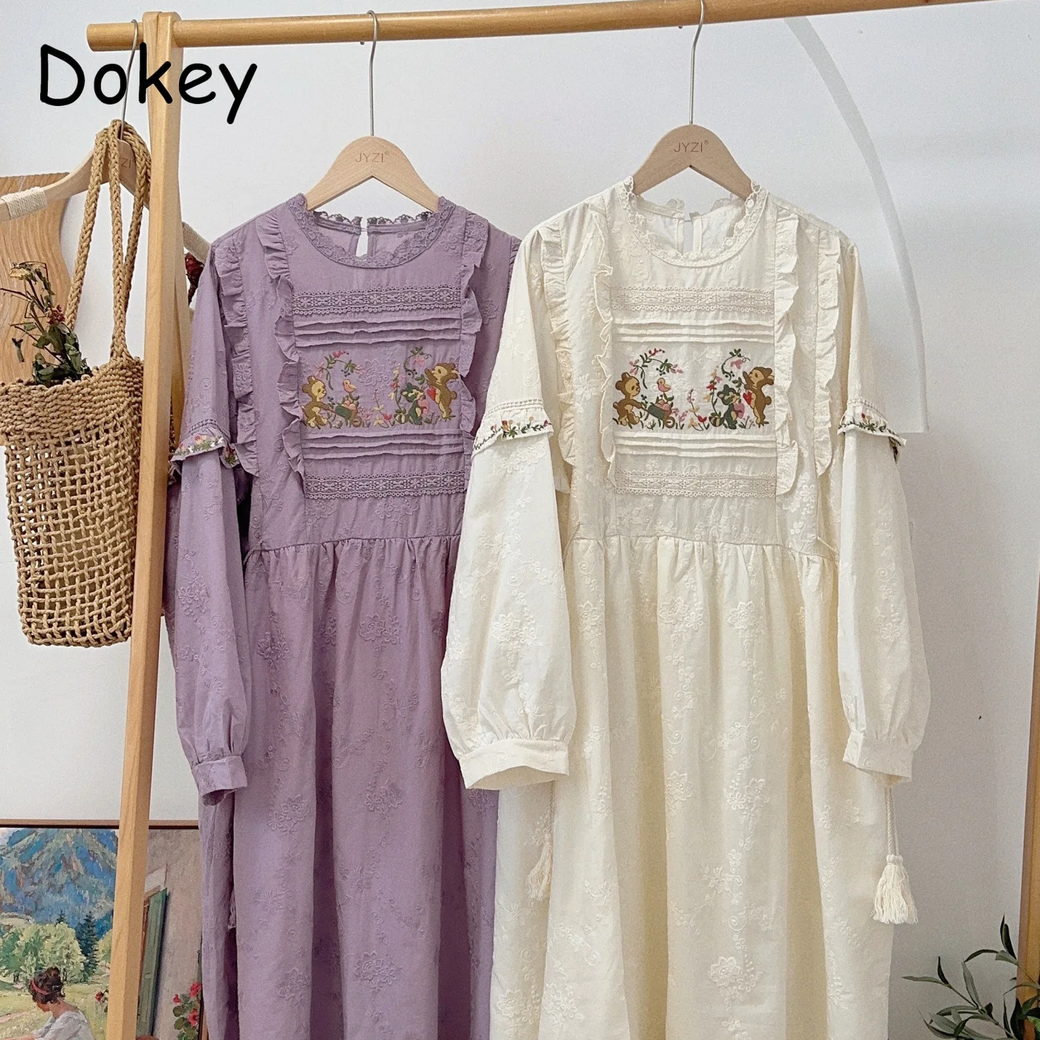 Vintage Floral Embroidery Long Sleeve Dress Women Japanese Mori Girl Spring Sweet O-Neck Cotton Linen Dress vestidos para mujer