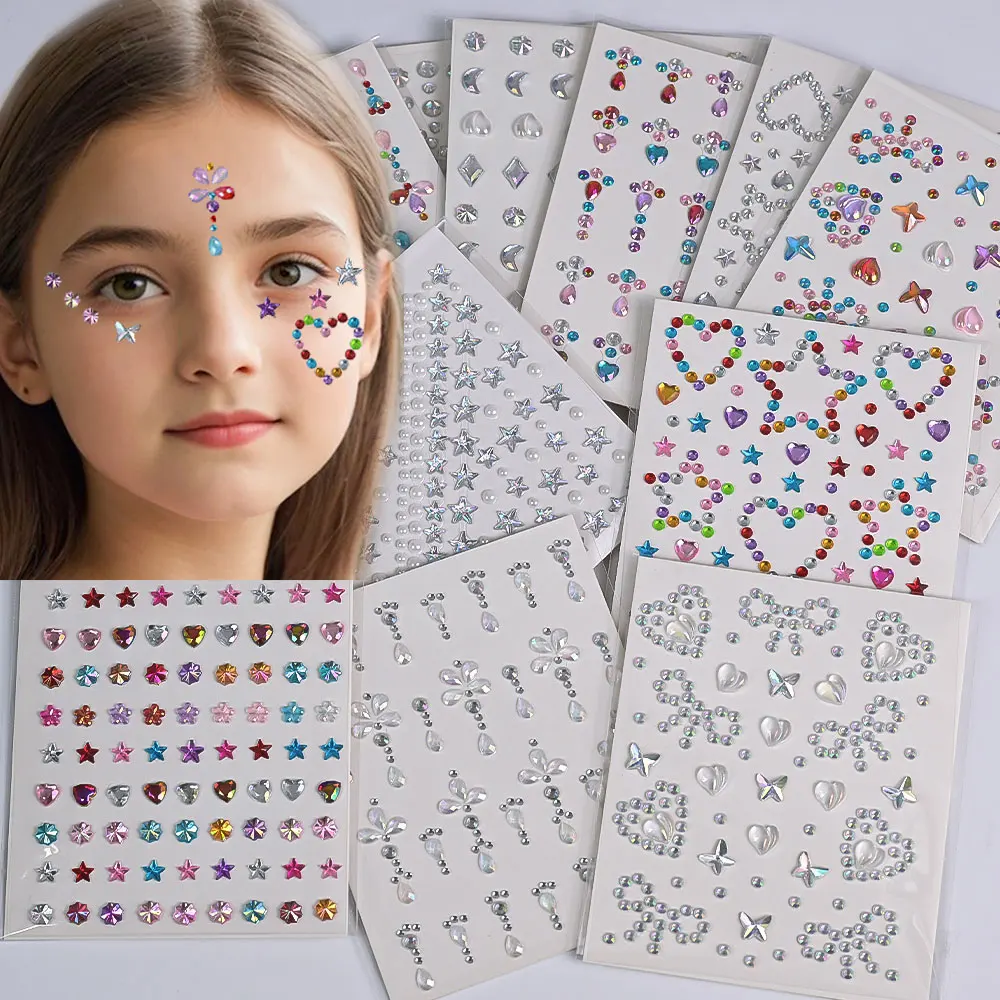 

1sheet Cute Face Gems Self-Adhesive Stickers Heart/Bow/Star Girl Princess Face Rhinestones Tattoo Sparkling Makeup Costume Deco