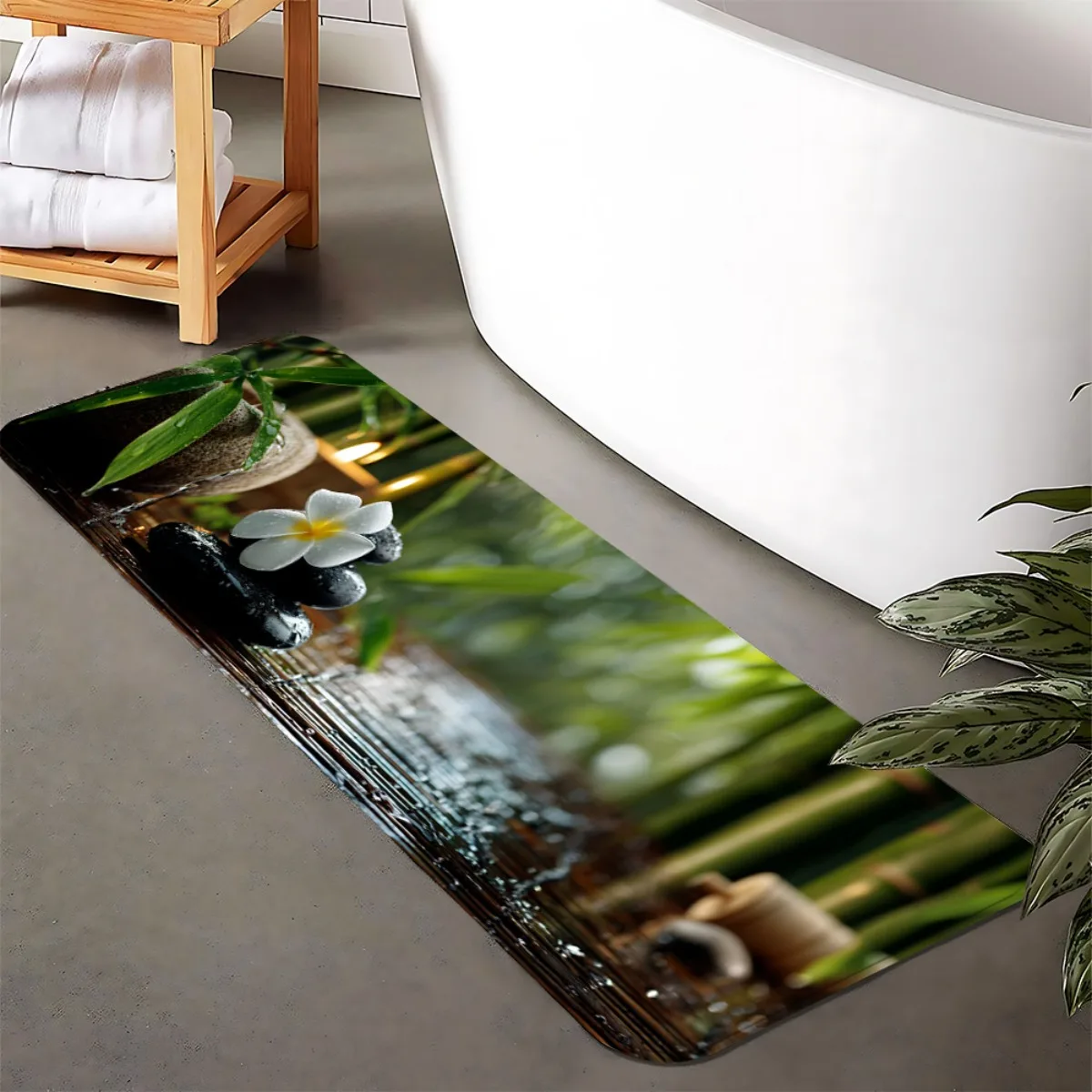 Spa Relax Bamboo Black Massage Stone White Frangipani Floor Runner Rug,washable mat for bathroom wet entry daily home decoration