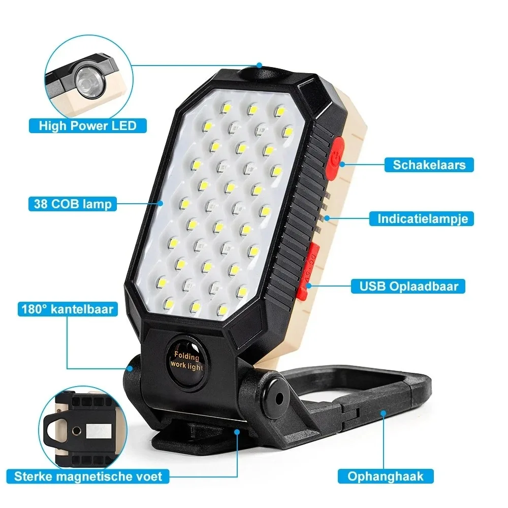 LED COB Work Light Portable Rechargeable Flashlight Magnetic Waterproof Camping Lantern Magnet Design with Power Display