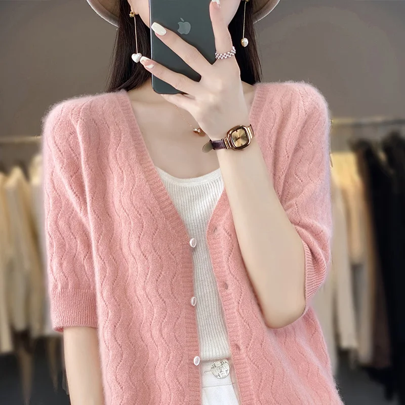 Spring And Summer New 100% Wool Five-Point Sleeve Hollow Cardigan Ladies Thin V-Neck Short-Sleeved Knitted T-Shirt