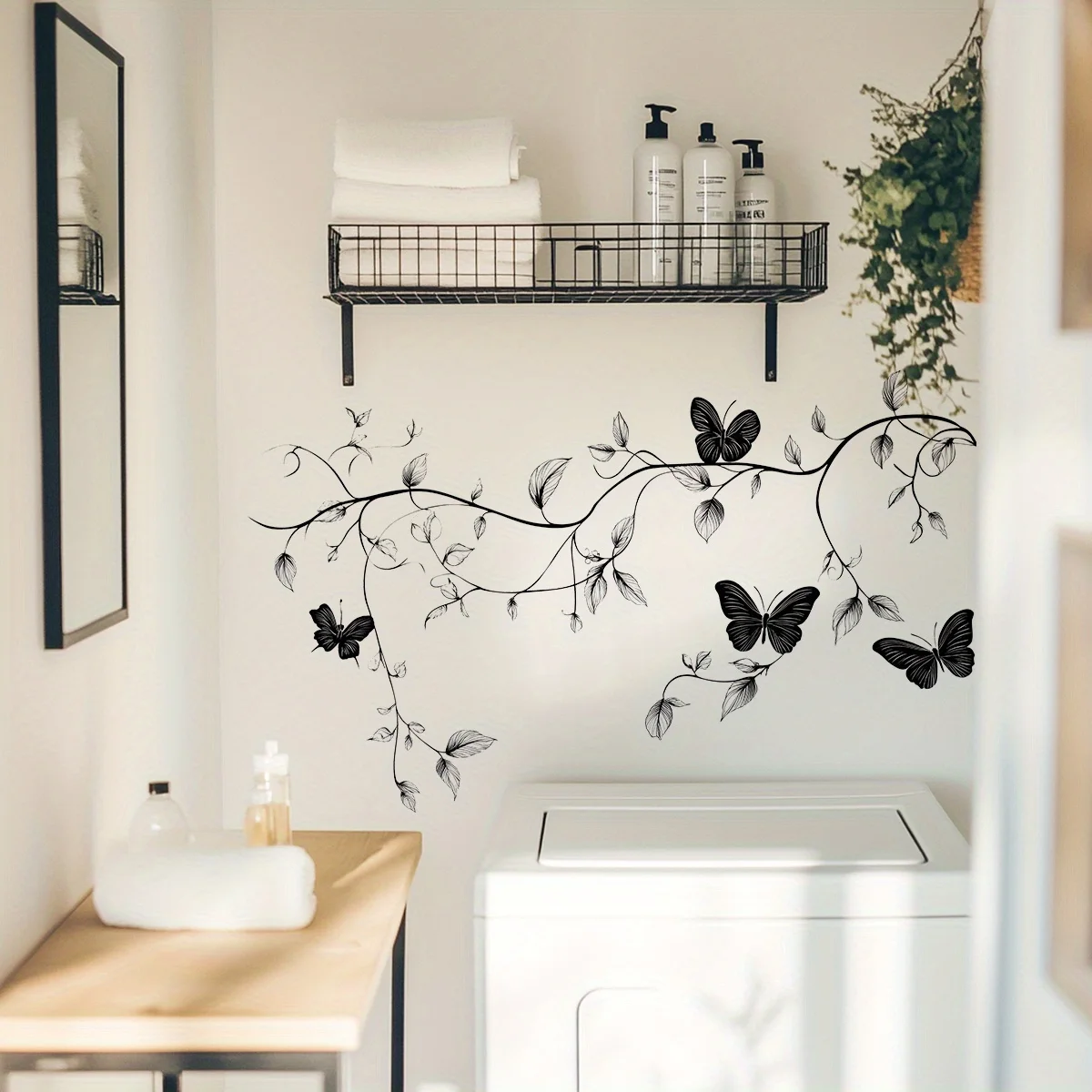 1 Black and White Butterfly Vine Kitchen Wall Sticker, Minimalist Style Home Decoration Sticker, Self-Adhesive Waterproof Wall Creative Decal