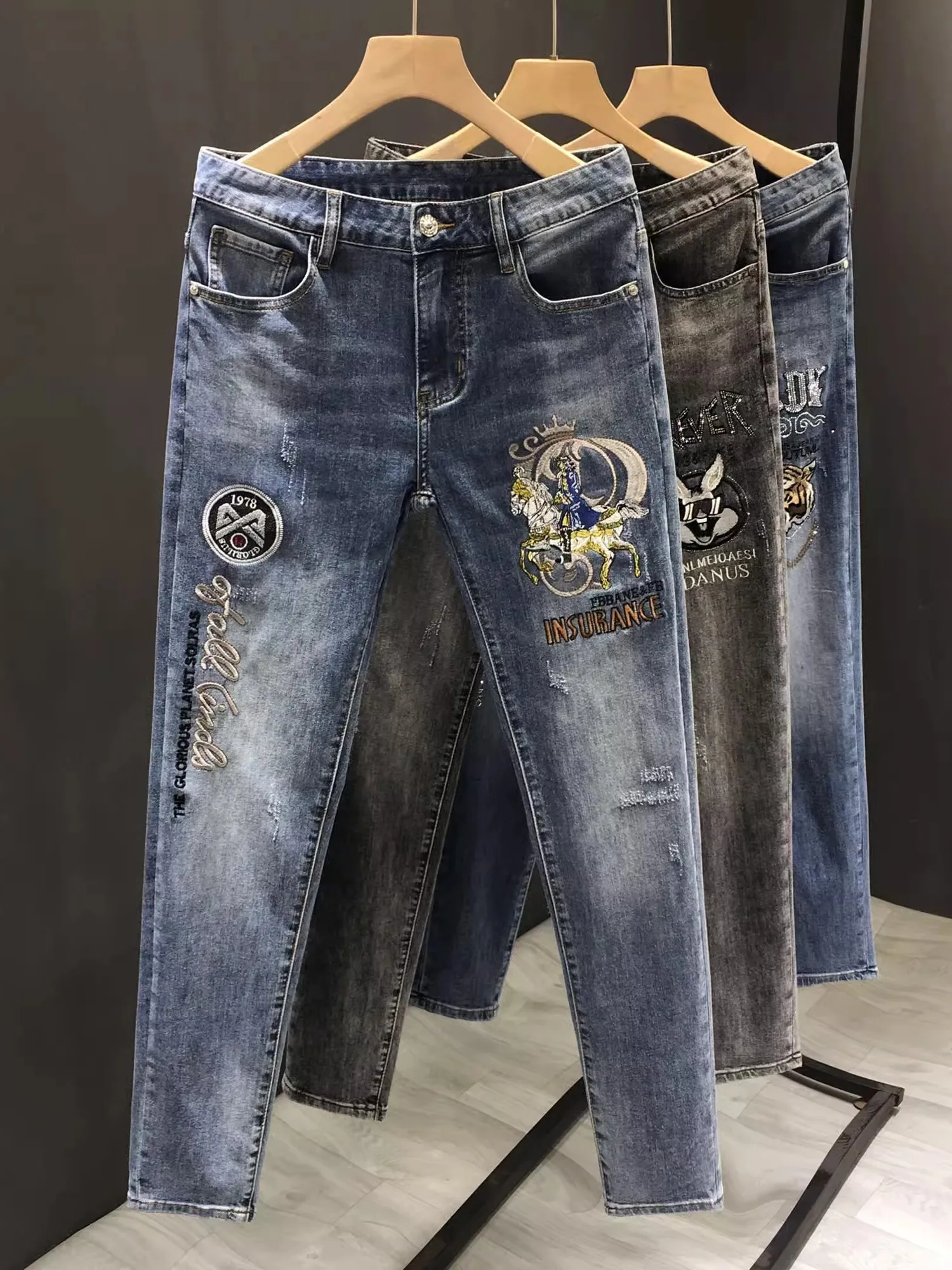 

Waed Denim Jeans Men's Casual Embroidered Elastic Waist Summer Spring Faion Slim Fit Crop Pants Breathable Straight Leg